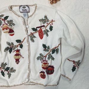 VINTAGE White Christmas Cardigan w/ Red/Green/Gold